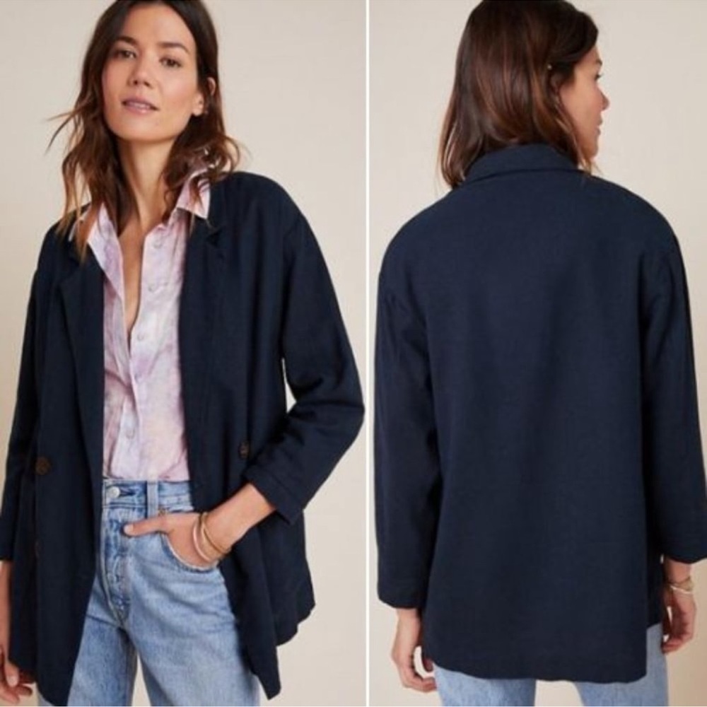 NWT Anthropologie Amadi Kaye Shine Navy Linen Blend Blazer
